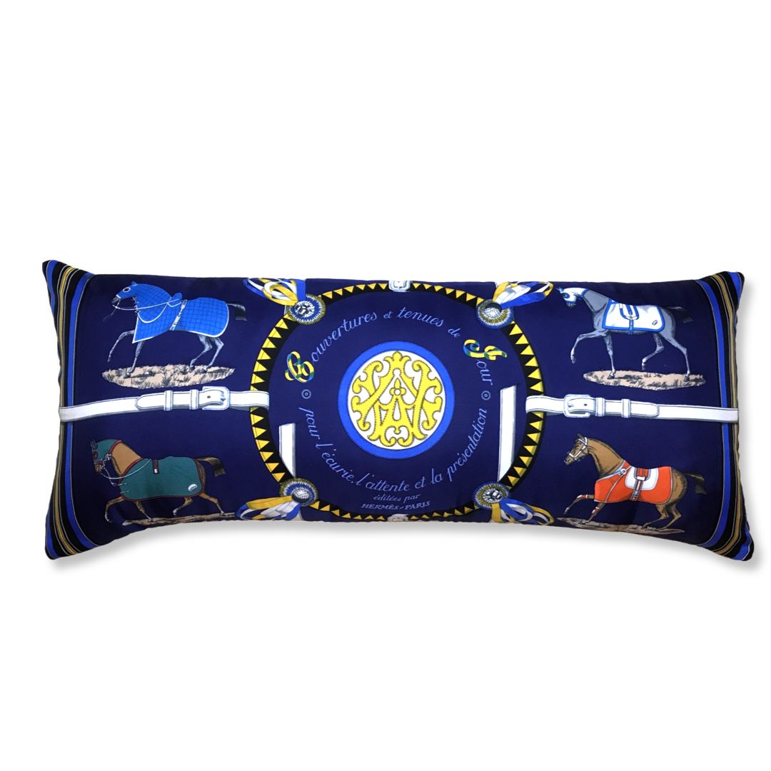 Vintage Hermes Pillow Couvertures et Tenues du Jour Blue Vintage Silk Scarf Lumbar Pillow 35" at Vintage Luxe Up