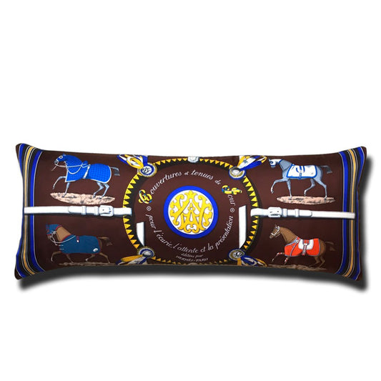 Vintage Hermes Pillow Couvertures et Tenues du Jour Brown Vintage Silk Scarf Lumbar Pillow 35" at Vintage Luxe Up