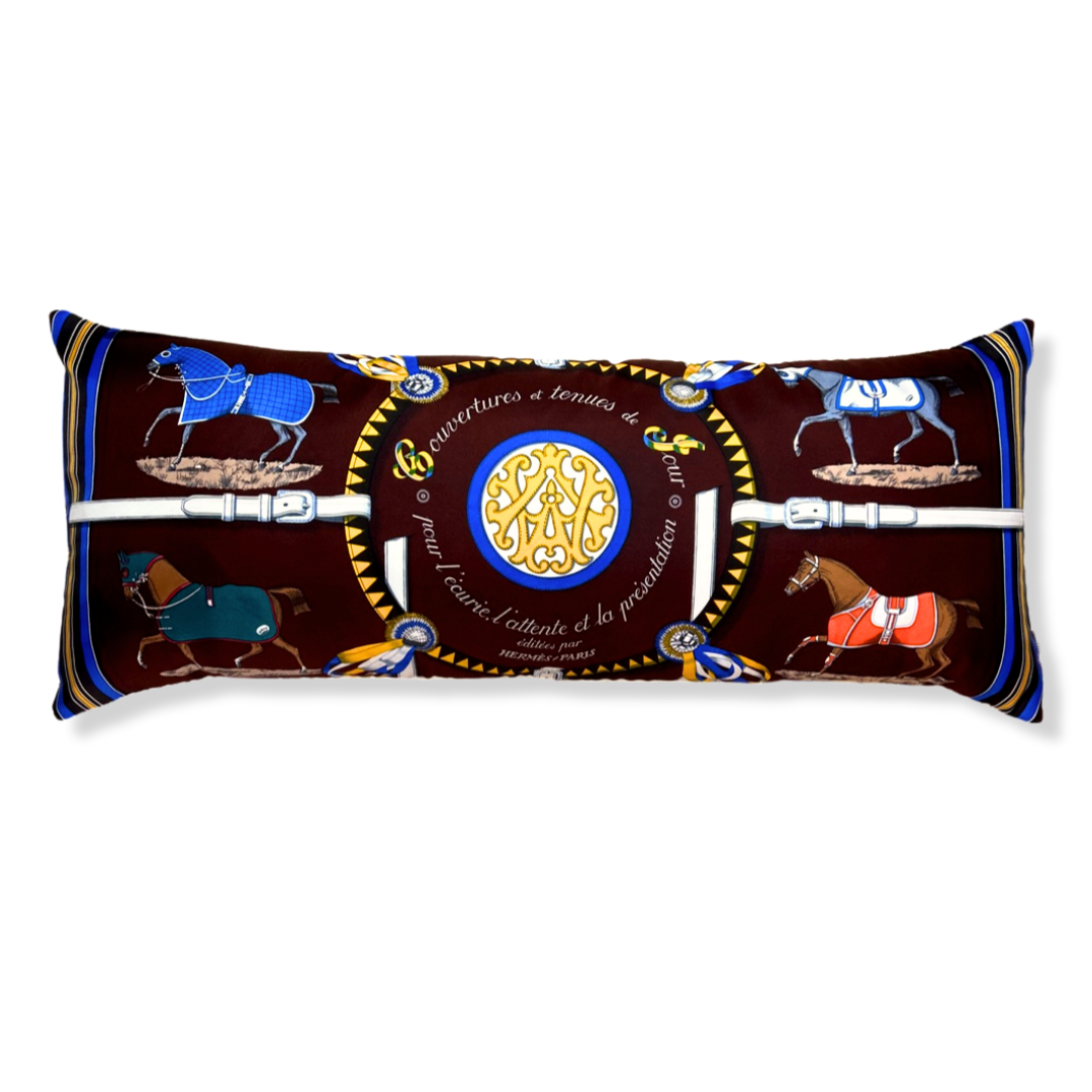 Vintage Hermes Pillow Couvertures et Tenues du Jour Brown Vintage Silk Scarf Lumbar Pillow 35" at Vintage Luxe Up