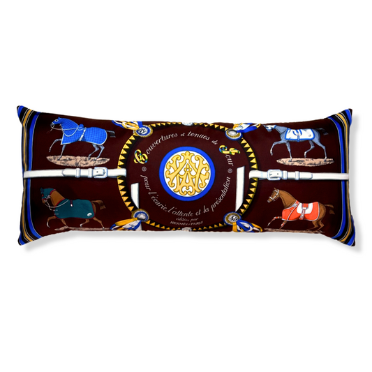 Vintage Hermes Pillow Couvertures et Tenues du Jour Brown Vintage Silk Scarf Lumbar Pillow 35" at Vintage Luxe Up