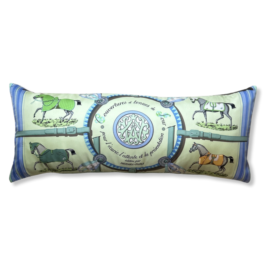 Vintage Hermes Pillow Couvertures et Tenues du Jour Celadon Vintage Silk Scarf Lumbar Pillow 35" at Vintage Luxe Up