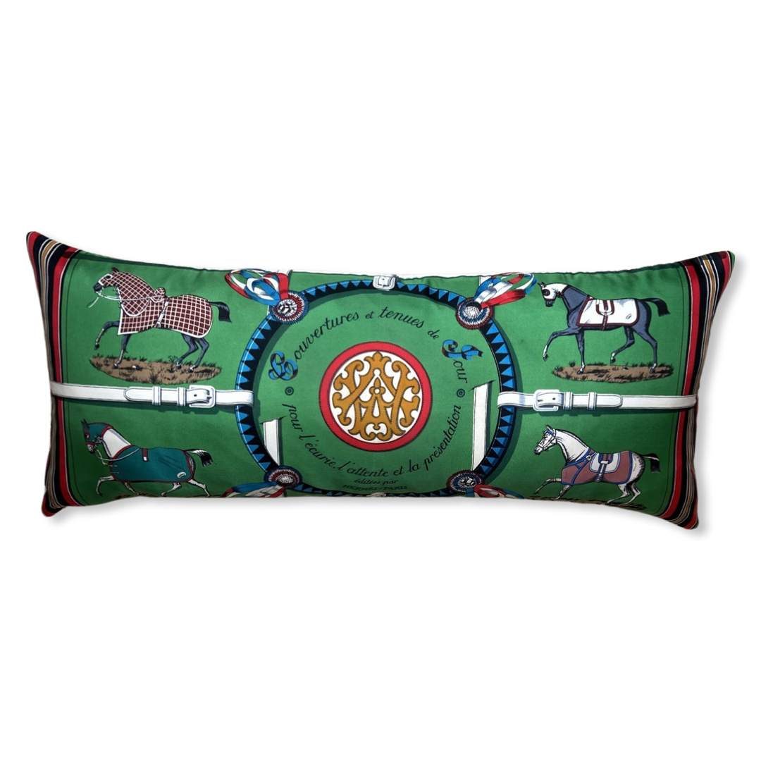 Vintage Hermes Pillow Couvertures et Tenues du Jour Green Vintage Silk Scarf Lumbar Pillow 35" at Vintage Luxe Up