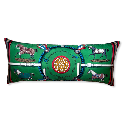Vintage Hermes Pillow Couvertures et Tenues du Jour Green Vintage Silk Scarf Lumbar Pillow 35" at Vintage Luxe Up