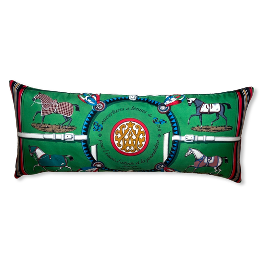 Vintage Hermes Pillow Couvertures et Tenues du Jour Green Vintage Silk Scarf Lumbar Pillow 35" at Vintage Luxe Up