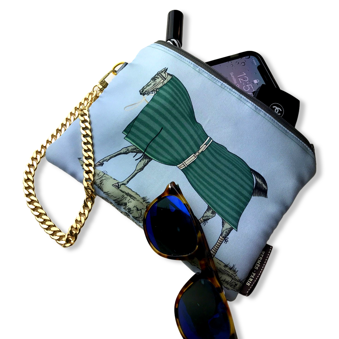 Vintage Hermes Scarf Wristlet Bag Couvertures et Tenues du Jour Light Blue Vintage Silk Scarf Wristlet Grand Bag at Vintage Luxe Up