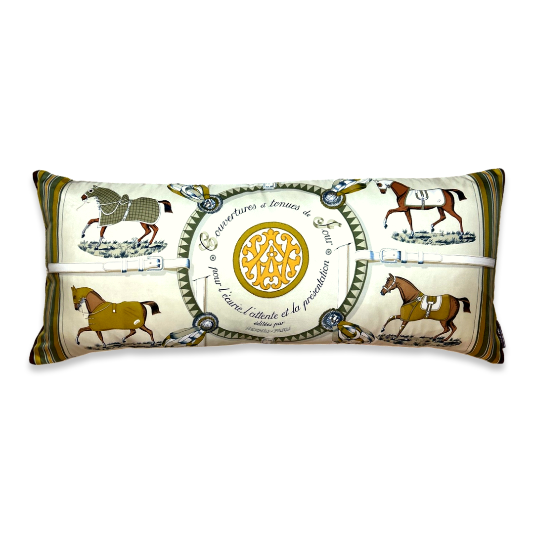 Vintage Hermes Pillow Couvertures et Tenues du Jour Neutral Vintage Silk Scarf Lumbar Pillow 35" at Vintage Luxe Up
