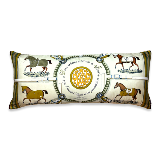 Vintage Hermes Pillow Couvertures et Tenues du Jour Neutral Vintage Silk Scarf Lumbar Pillow 35" at Vintage Luxe Up