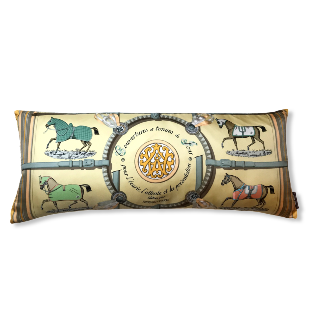 Vintage Hermes Pillow Couvertures et Tenues du Jour Pastel Vintage Silk Scarf Lumbar Pillow 35" at Vintage Luxe Up
