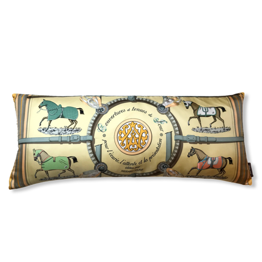 Vintage Hermes Pillow Couvertures et Tenues du Jour Pastel Vintage Silk Scarf Lumbar Pillow 35" at Vintage Luxe Up