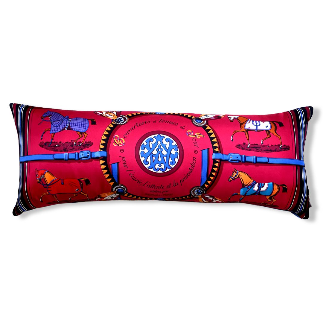 Vintage Hermes Pillow Couvertures et Tenues du Jour Red Vintage Silk Scarf Lumbar Pillow 35" at Vintage Luxe Up