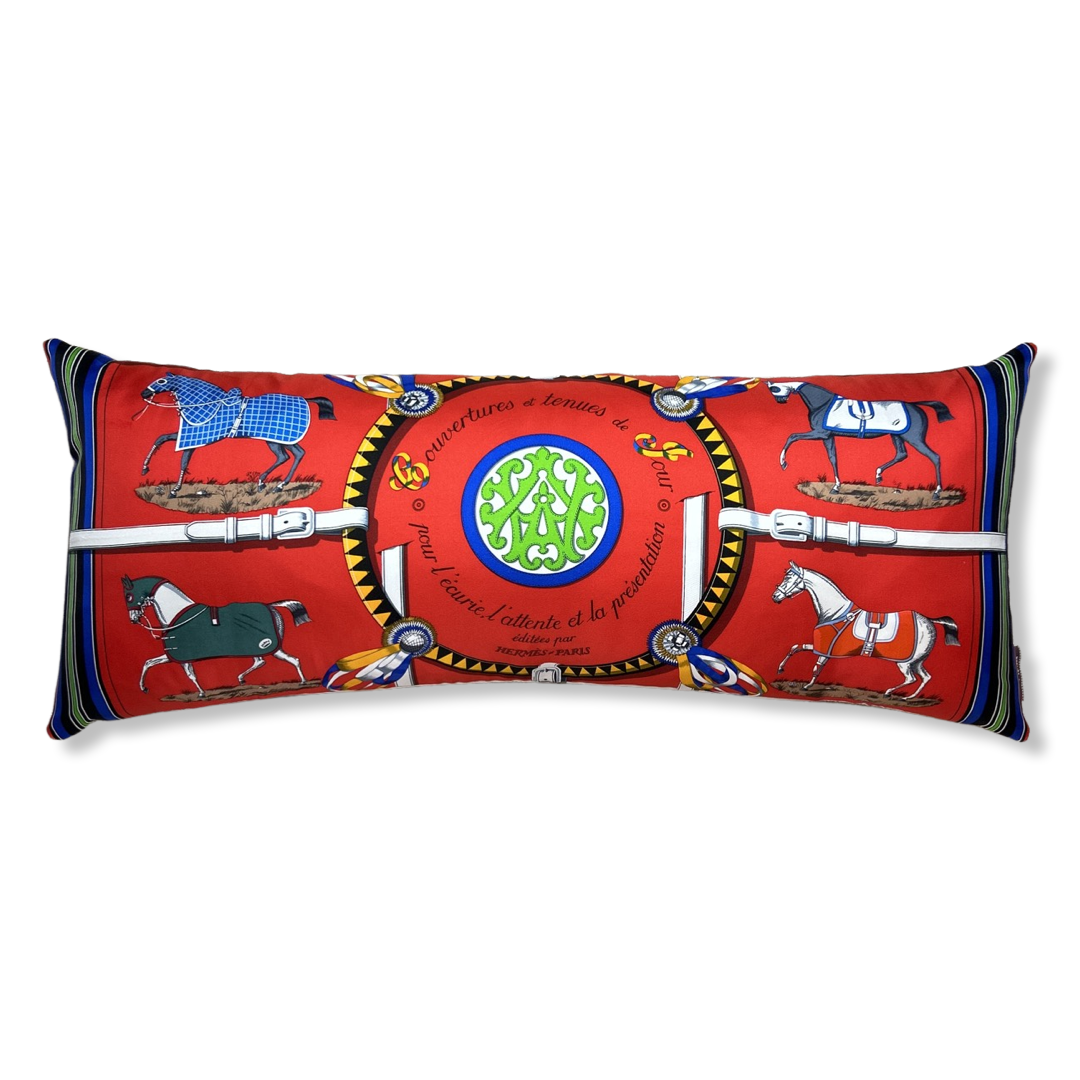 Vintage Hermes Pillow Couvertures et Tenues du Jour Red Vintage Silk Scarf Lumbar Pillow 35" at Vintage Luxe Up