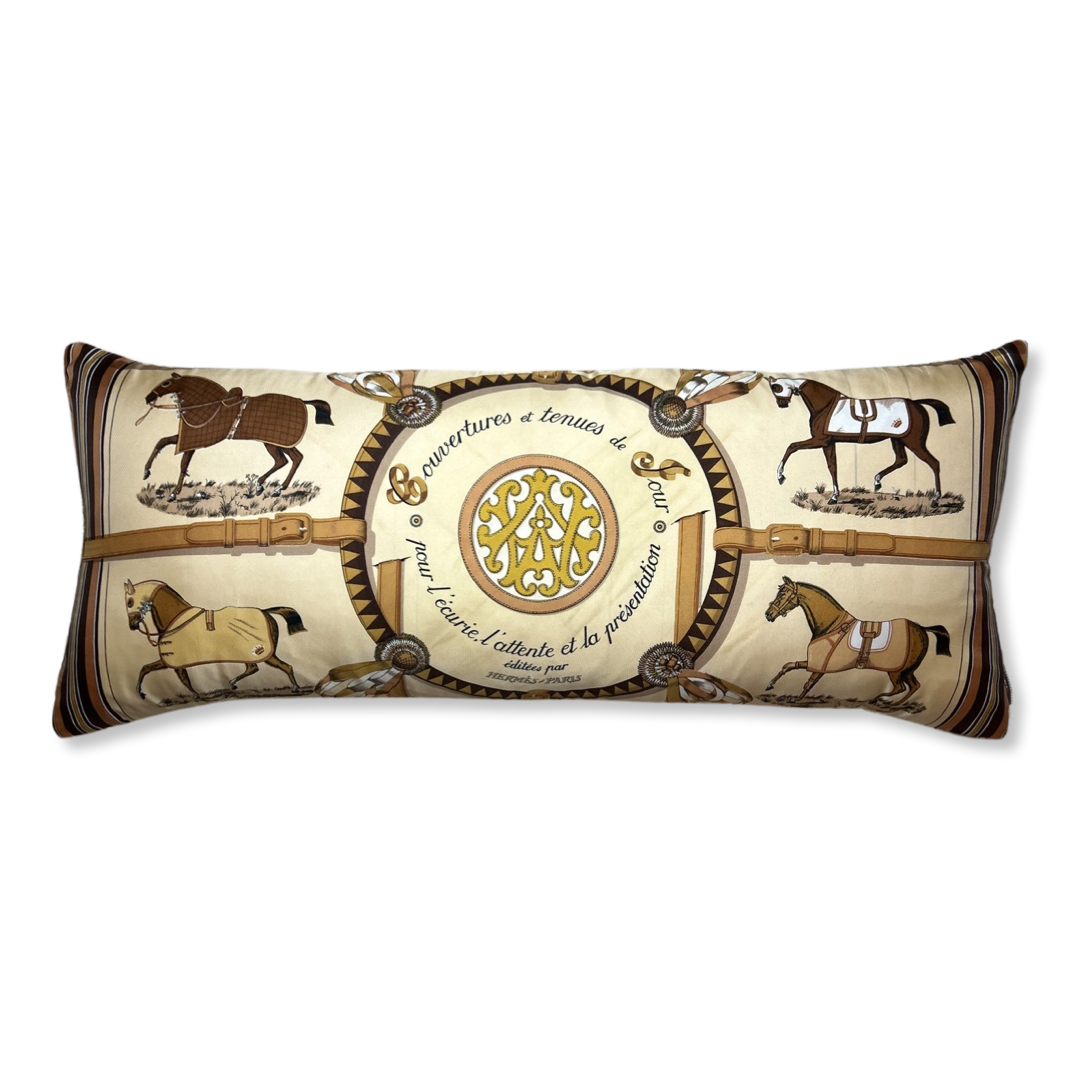 Vintage Hermes Pillow Couvertures et Tenues du Jour Tan Vintage Silk Scarf Lumbar Pillow 35" at Vintage Luxe Up