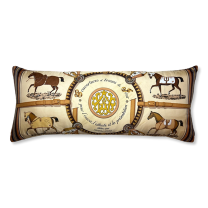 Vintage Hermes Pillow Couvertures et Tenues du Jour Tan Vintage Silk Scarf Lumbar Pillow 35" at Vintage Luxe Up