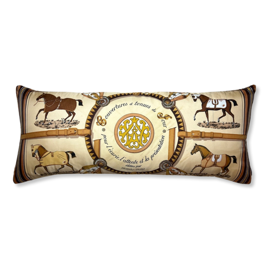 Vintage Hermes Pillow Couvertures et Tenues du Jour Tan Vintage Silk Scarf Lumbar Pillow 35" at Vintage Luxe Up