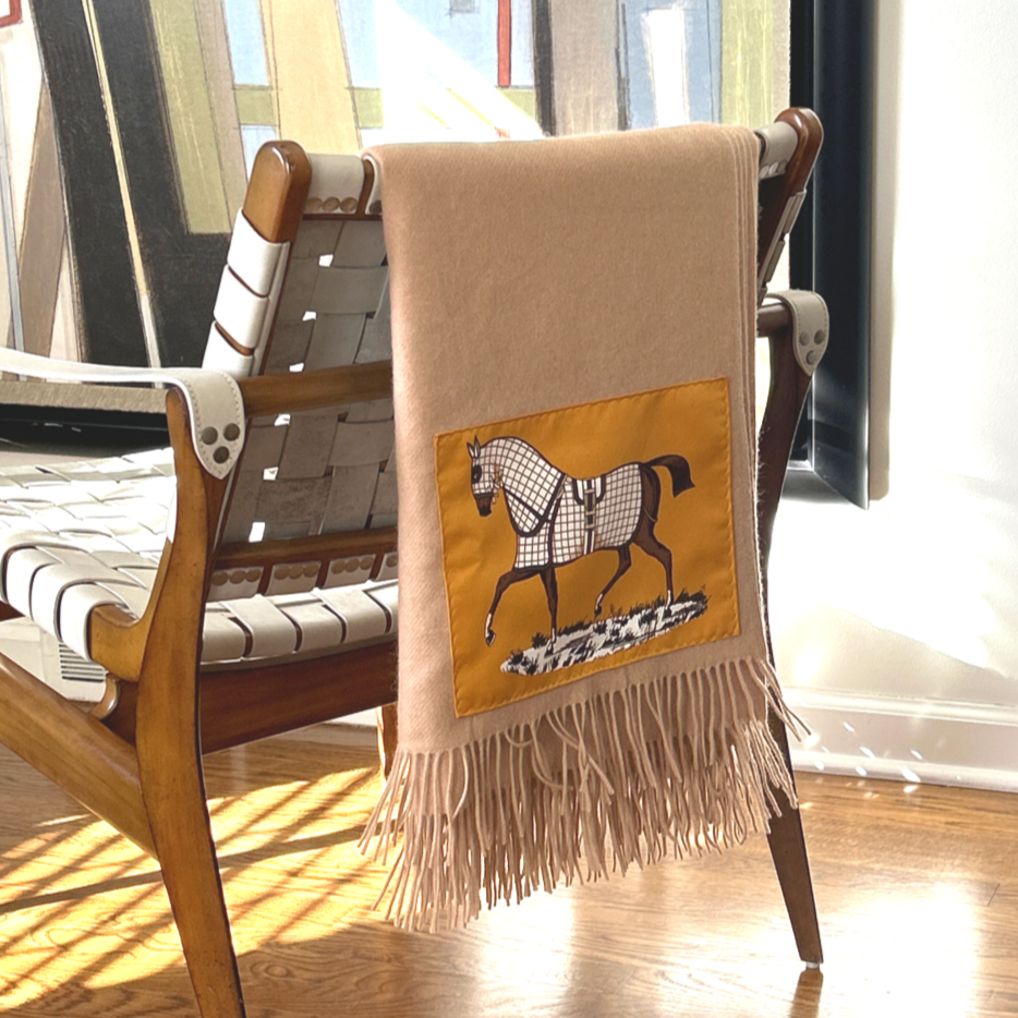 Vintage Hermes Blanket Couvertures et Tenues du Jour Vintage Silk Scarf & Cashmere Throw Blanket at Vintage Luxe Up