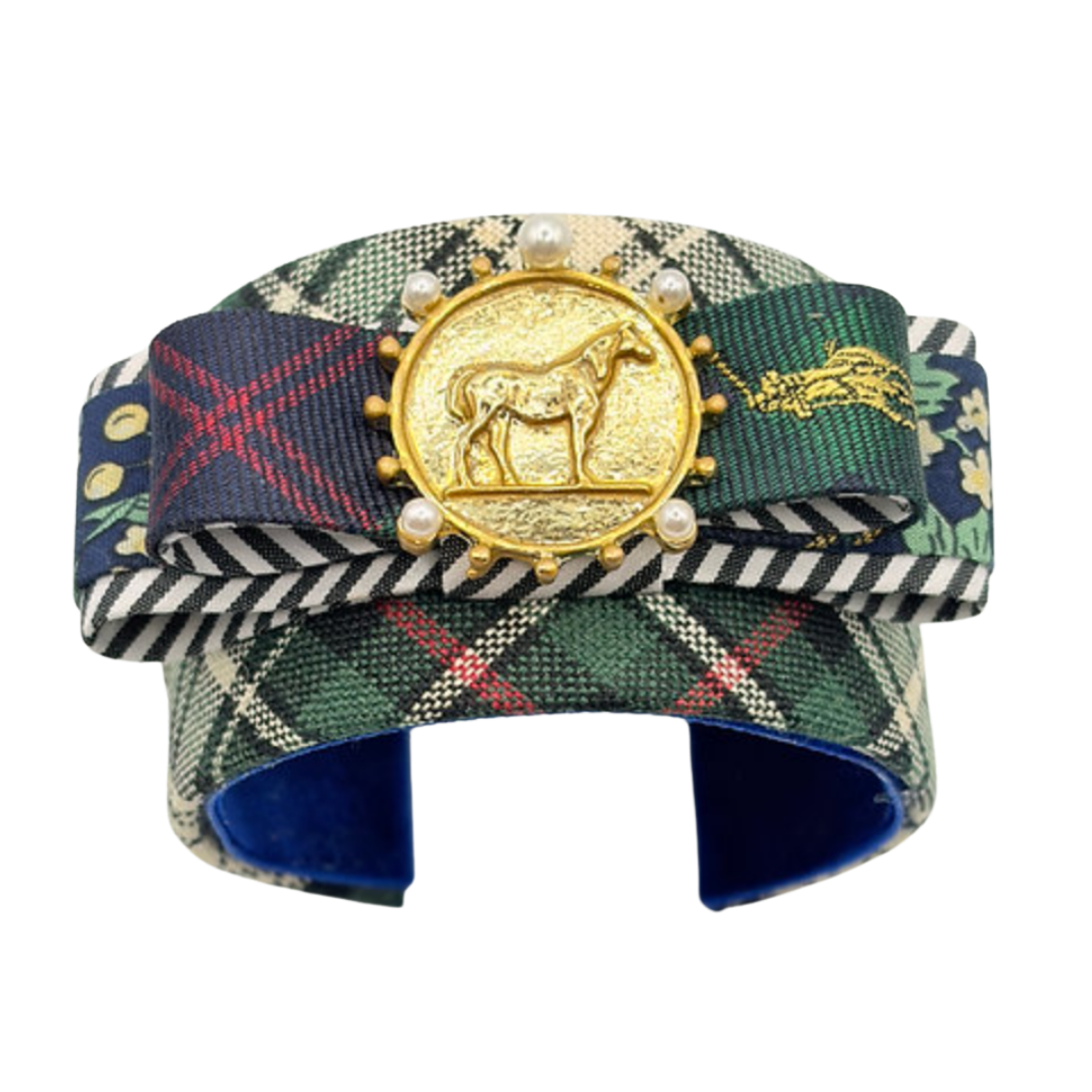 Tartan Patchwork Horse Coin Vintage Silk Necktie Cuff Bracelet