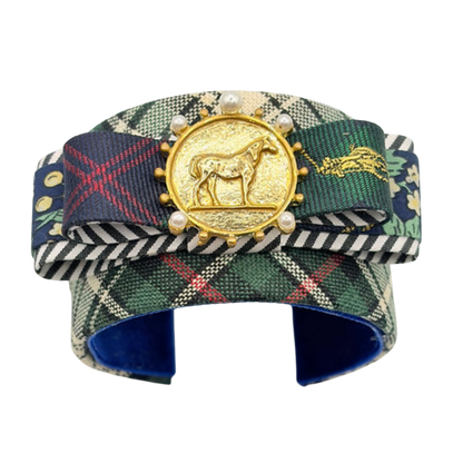 Tartan Patchwork Horse Coin Vintage Silk Necktie Cuff Bracelet