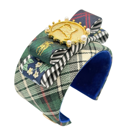 Tartan Patchwork Horse Coin Vintage Silk Necktie Cuff Bracelet