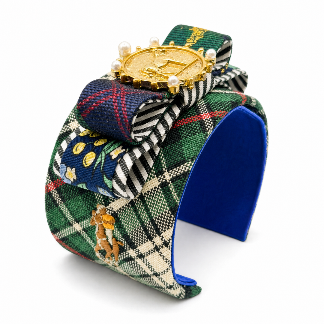 Tartan Patchwork Horse Coin Vintage Silk Necktie Cuff Bracelet