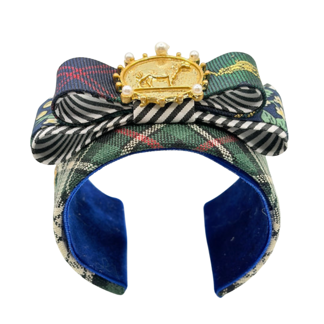 Tartan Patchwork Horse Coin Vintage Silk Necktie Cuff Bracelet