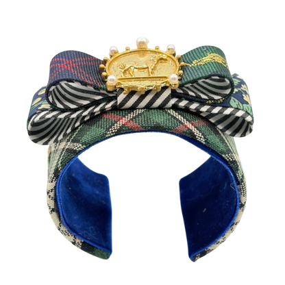 Tartan Patchwork Horse Coin Vintage Silk Necktie Cuff Bracelet