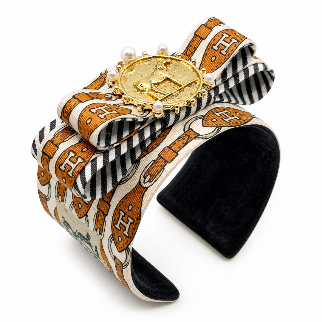 H Strap Horse Coin Vintage Silk Necktie Cuff Bracelet