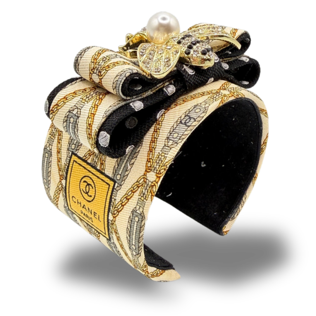 CC Chain Print Bumblebee Vintage Silk Necktie Cuff Bracelet