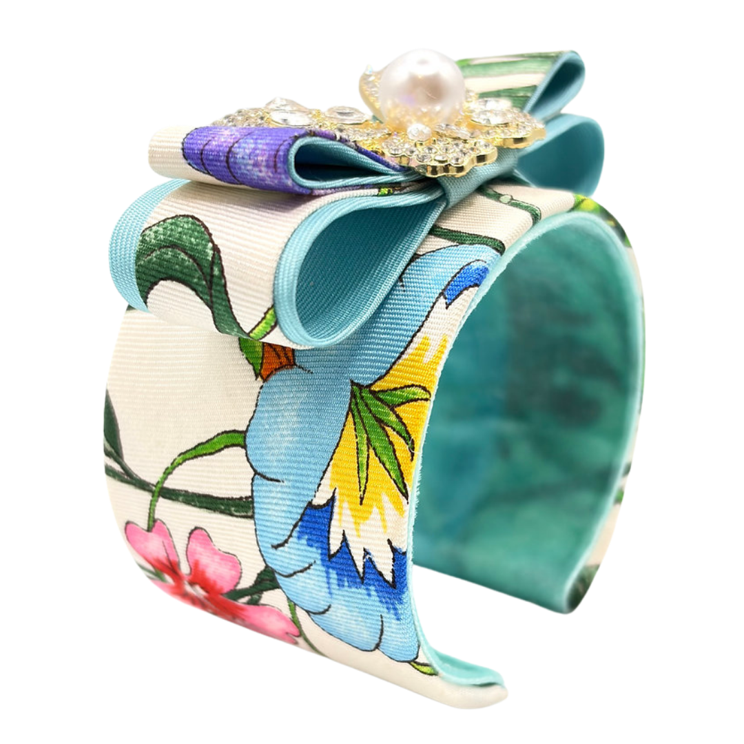 Flora Ivory Butterfly Vintage Silk Necktie Cuff Bracelet