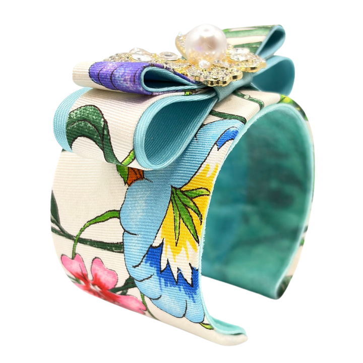 Flora Ivory Butterfly Vintage Silk Necktie Cuff Bracelet
