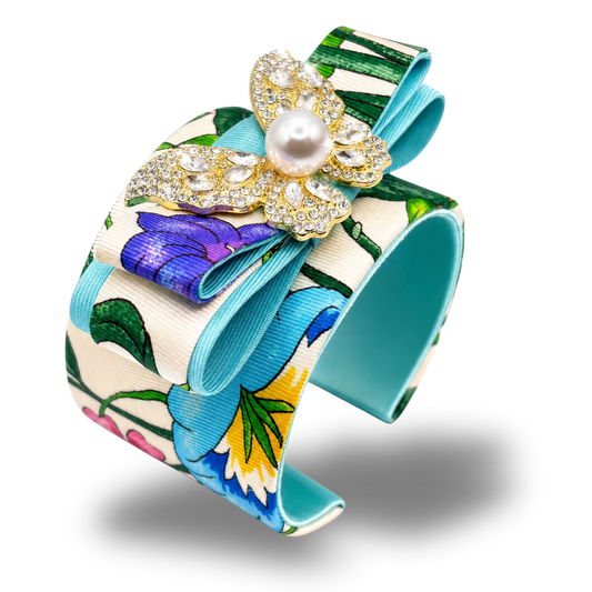Flora Ivory Butterfly Vintage Silk Necktie Cuff Bracelet