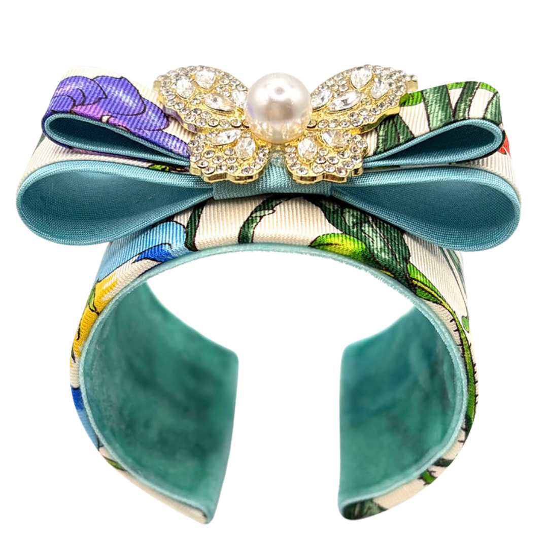 Flora Ivory Butterfly Vintage Silk Necktie Cuff Bracelet