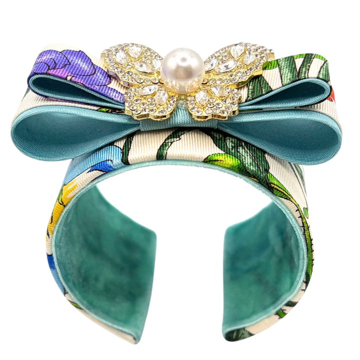 Flora Ivory Butterfly Vintage Silk Necktie Cuff Bracelet