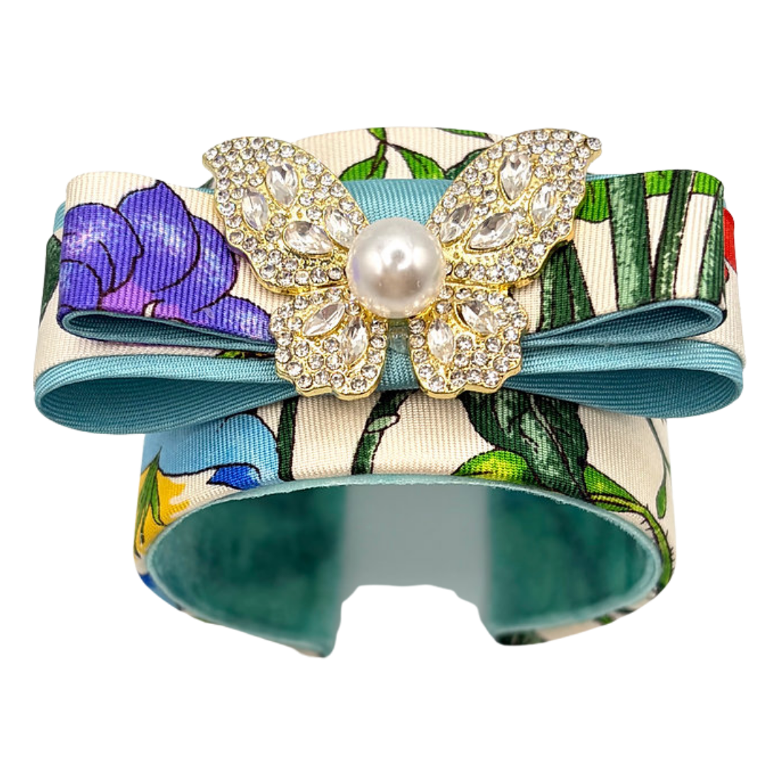 Flora Ivory Butterfly Vintage Silk Necktie Cuff Bracelet
