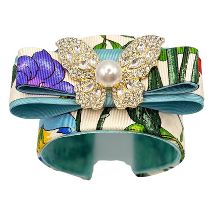 Flora Ivory Butterfly Vintage Silk Necktie Cuff Bracelet