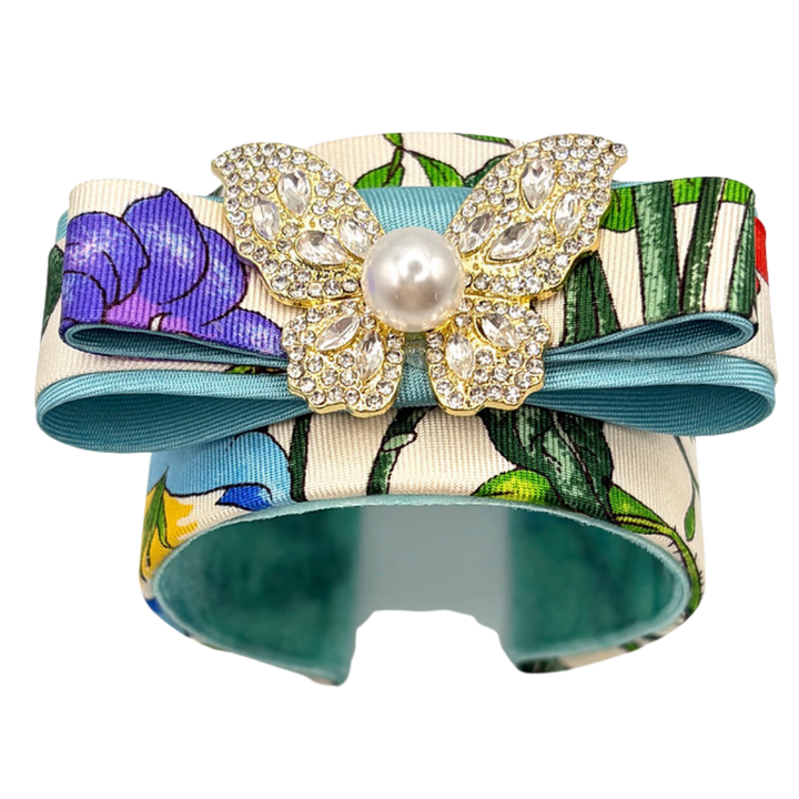 Flora Ivory Butterfly Vintage Silk Necktie Cuff Bracelet