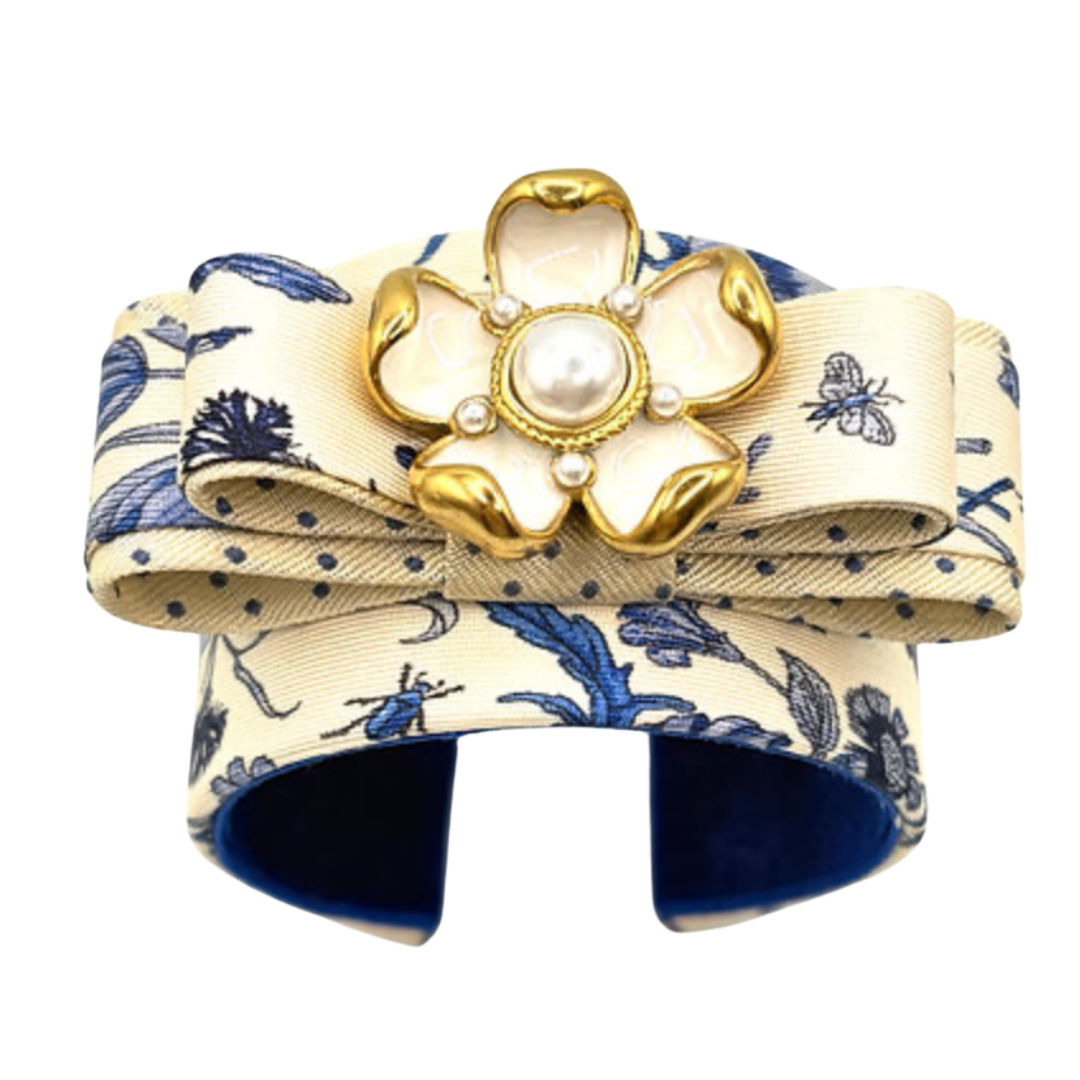 Flora Blue Vintage Silk Necktie Cuff Bracelet