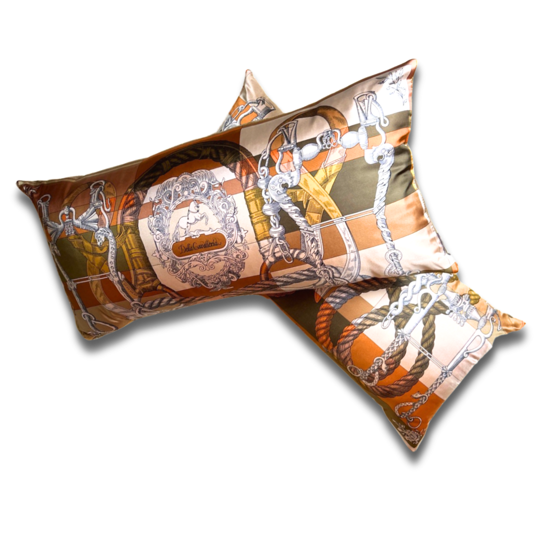 Vintage Hermes Pillow Della Cavalleria Vintage Silk Scarf Lumbar Pillows 35" at Vintage Luxe Up