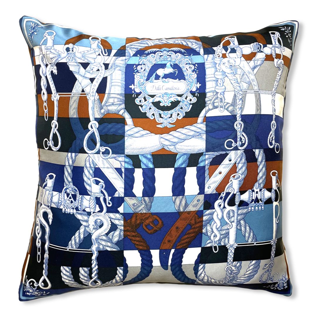 Vintage Hermes Pillow Della Cavalleria Vintage Silk Scarf Pillow 17" at Vintage Luxe Up