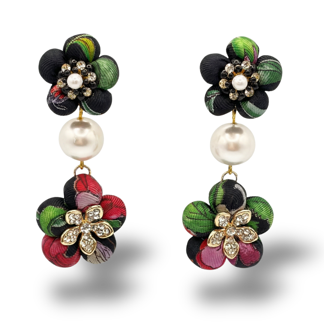 Flora Noir Vintage Silk Necktie Chandelier Earrings
