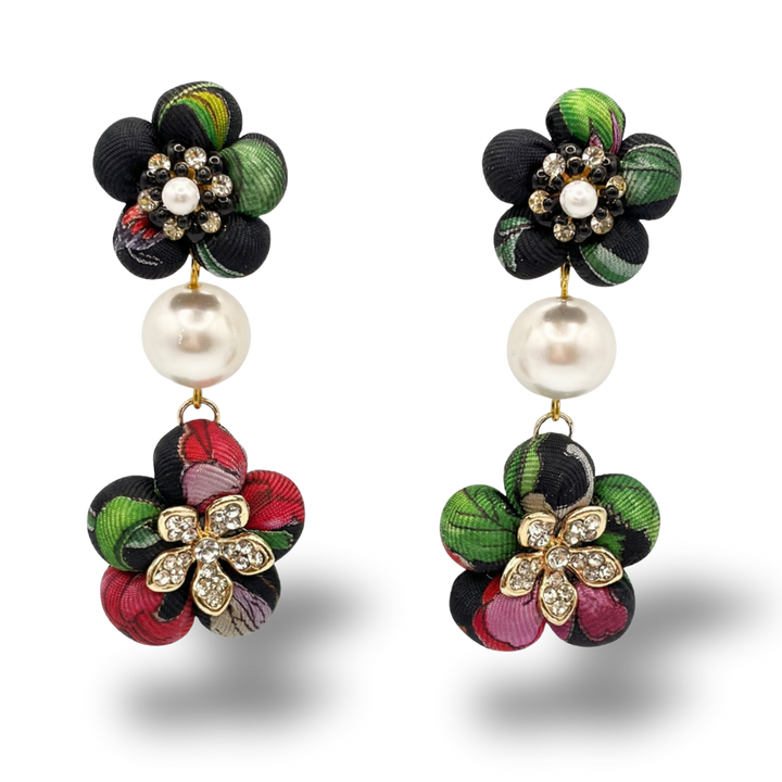 Flora Noir Vintage Silk Necktie Chandelier Earrings
