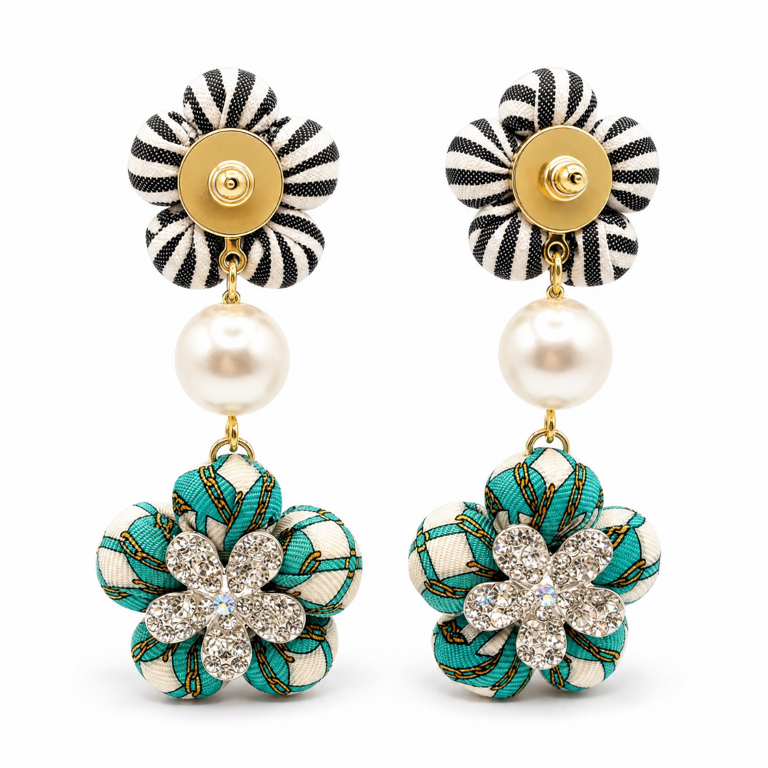 CC Jade Link Vintage Silk Necktie Chandelier Earrings