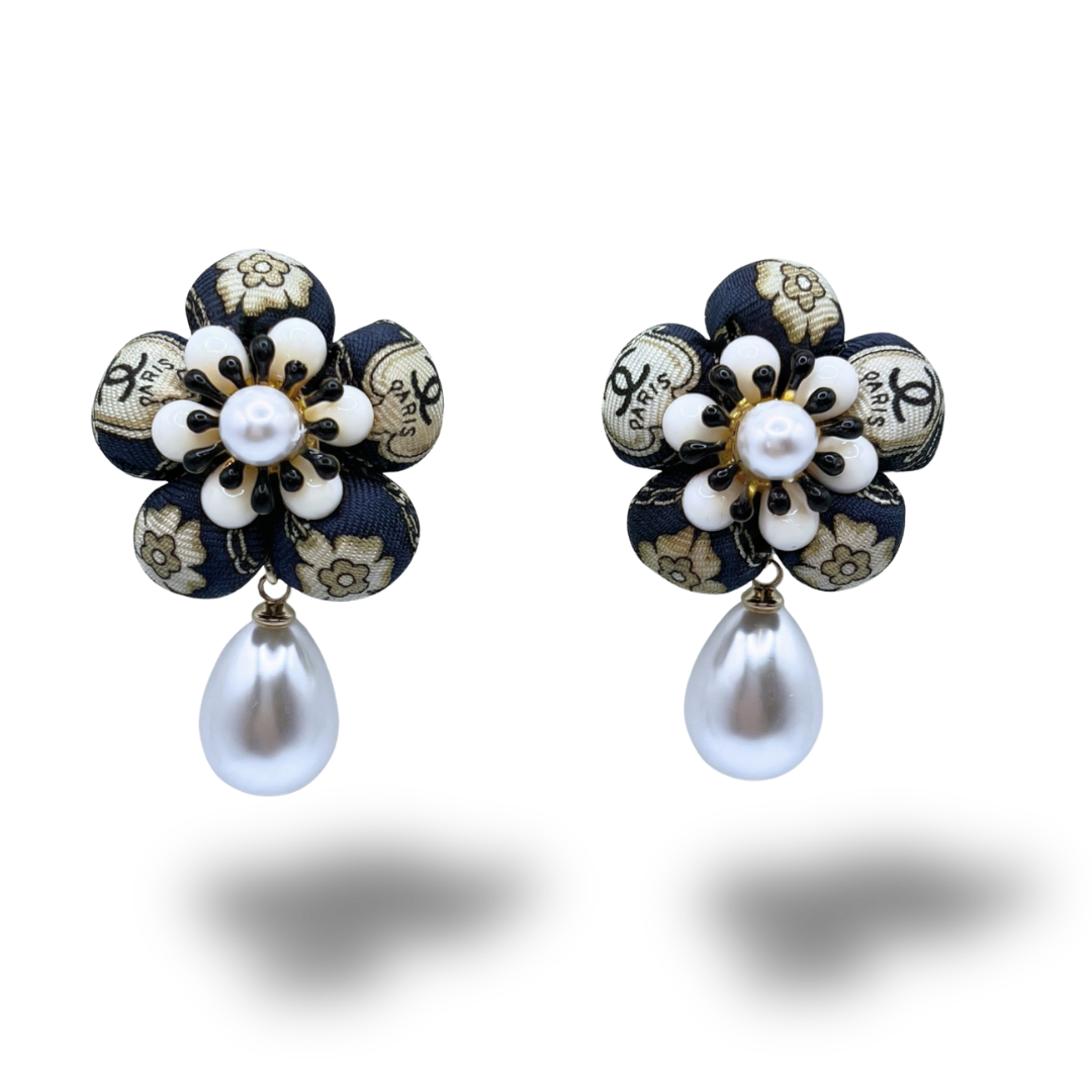CC Shield Vintage Silk Necktie Drop Earrings