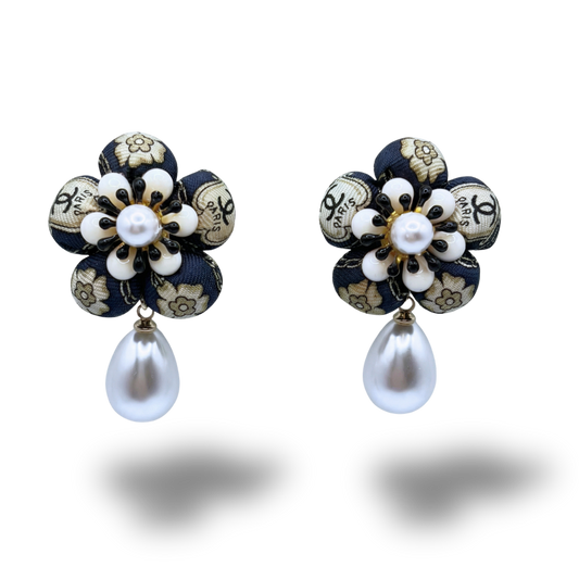 CC Shield Vintage Silk Necktie Drop Earrings