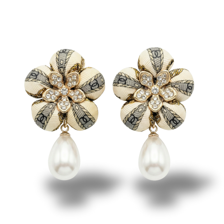 CC Chain Print Vintage Silk Necktie Drop Earrings