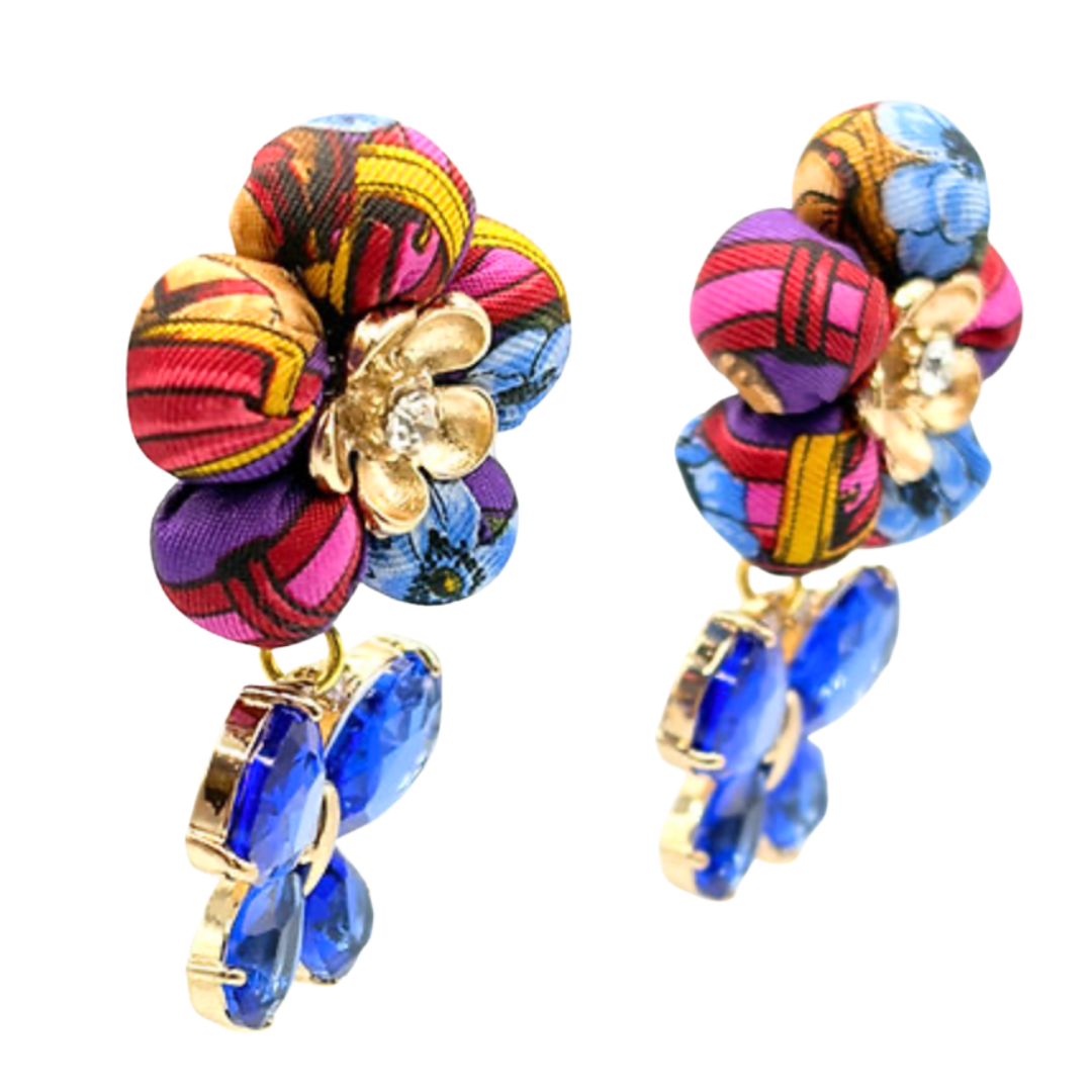 Floral Print Butterfly Vintage Silk Necktie Drop Earrings