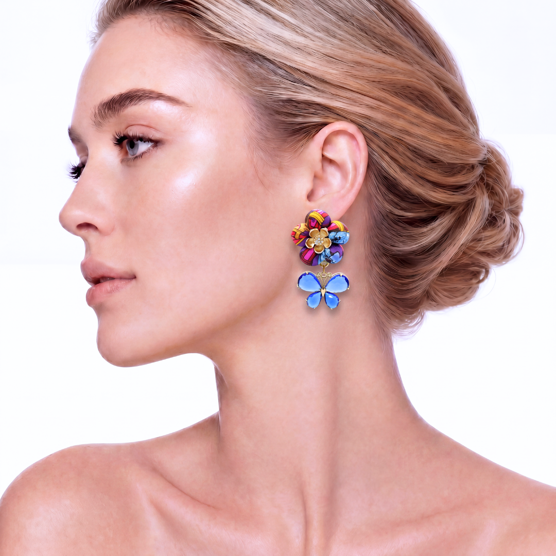 Floral Print Butterfly Vintage Silk Necktie Drop Earrings