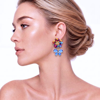 Floral Print Butterfly Vintage Silk Necktie Drop Earrings
