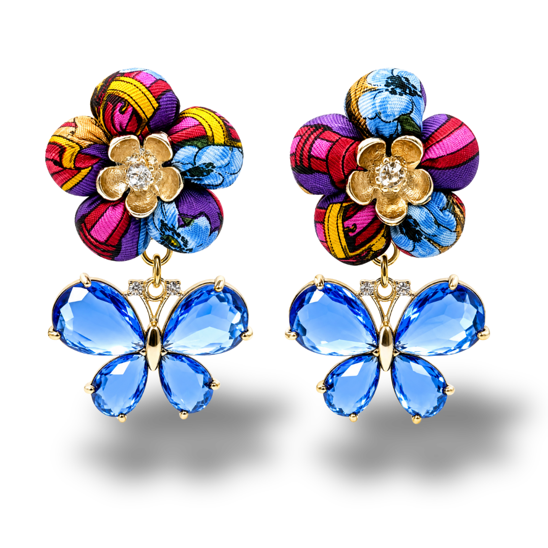 Floral Print Butterfly Vintage Silk Necktie Drop Earrings