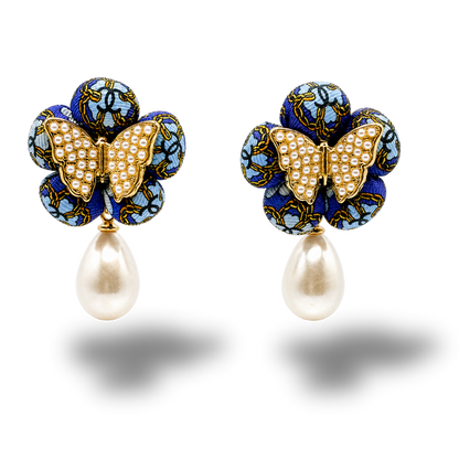 CC Camellia Butterfly Vintage Silk Necktie Drop Earrings