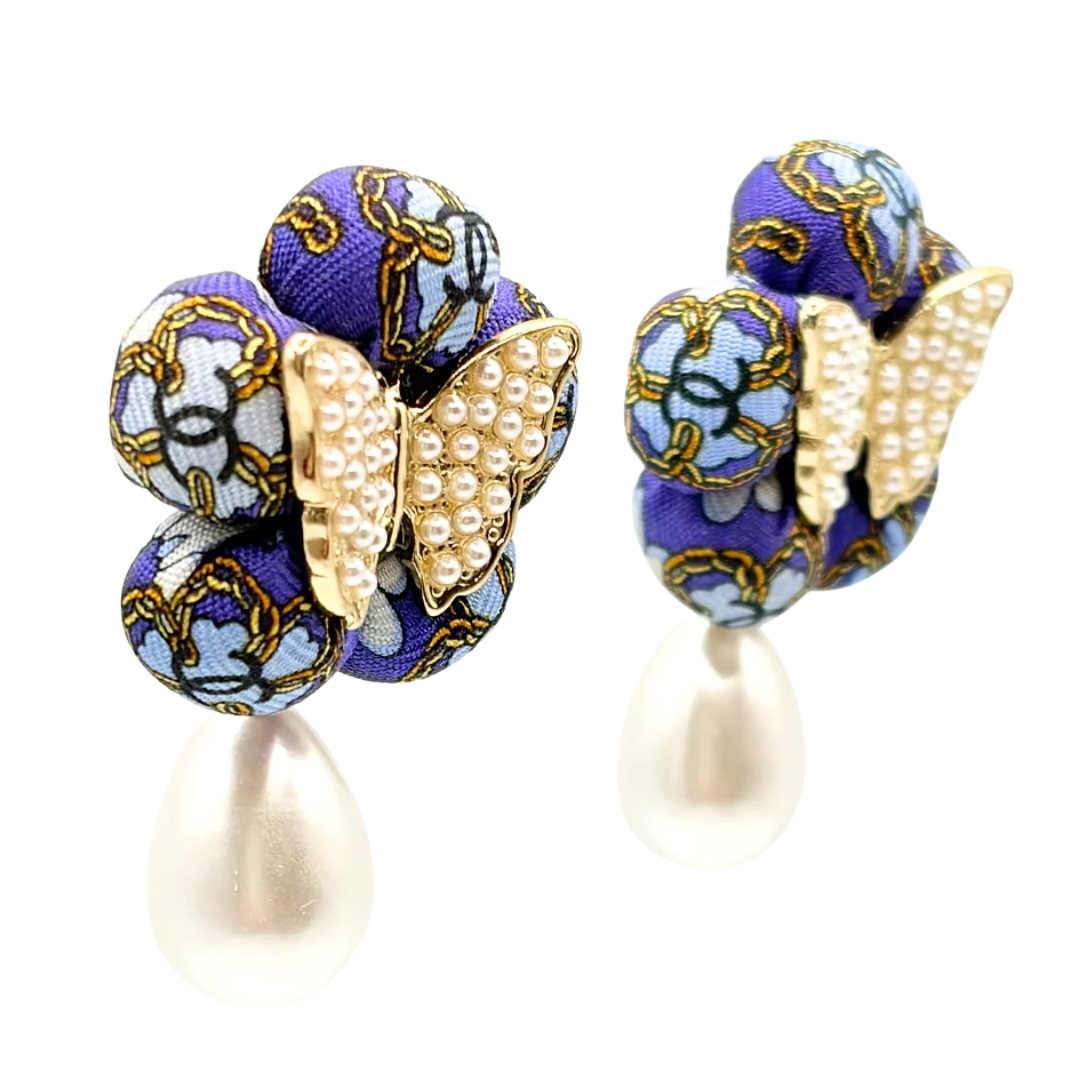 CC Camellia Butterfly Vintage Silk Necktie Drop Earrings